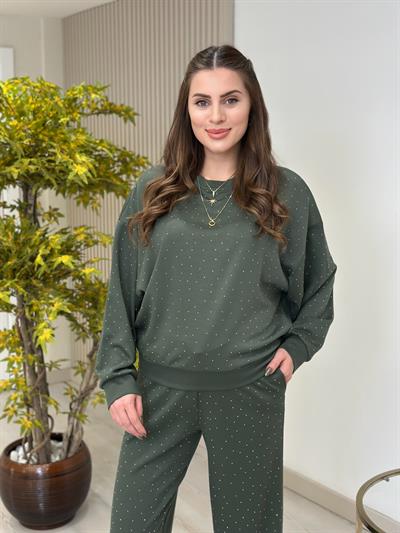 Üzeri Taşlı Tok Dokulu İthal Modal Kumaş Takım Haki