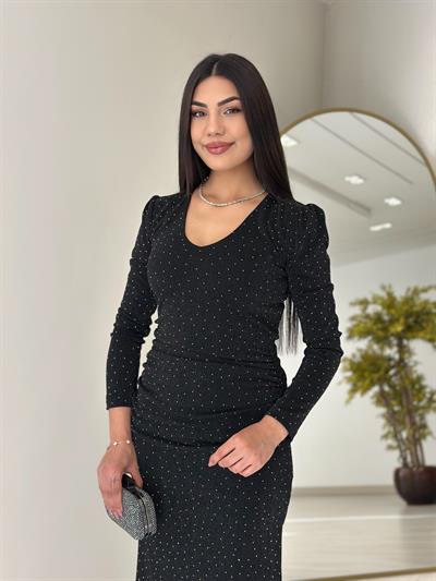 Üzeri Taşlı Yırtmaç Detaylı Elbise Siyah