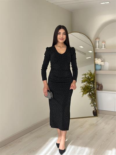 Üzeri Taşlı Yırtmaç Detaylı Elbise Siyah