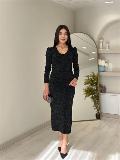 Üzeri Taşlı Yırtmaç Detaylı Elbise Siyah