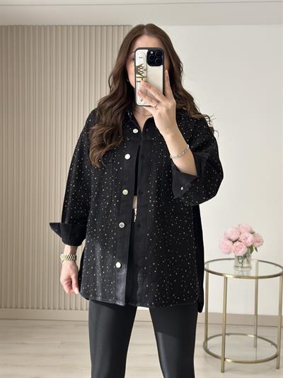 Üzeri Taşlı Zımbalı Siyah Kot Ceket 