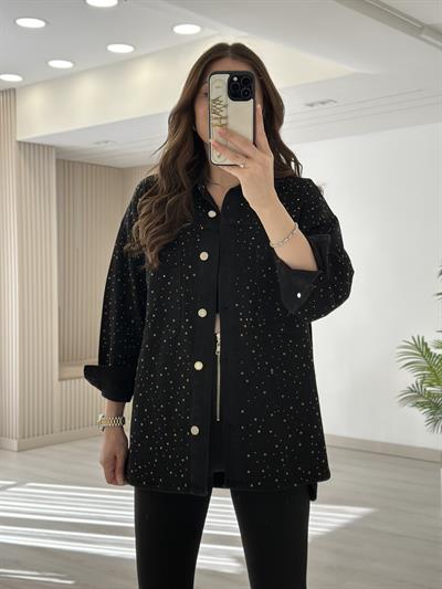 Üzeri Taşlı Zımbalı Siyah Kot Ceket 