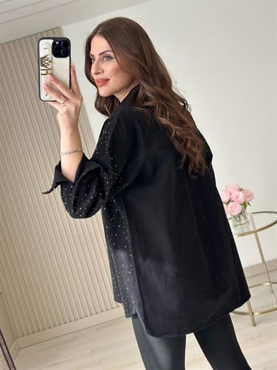 Üzeri Taşlı Zımbalı Siyah Kot Ceket 