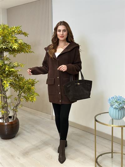 Uzun Kapşonlu Angora Hırka Acı Kahve