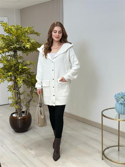 Uzun Kapşonlu Angora Hırka Beyaz