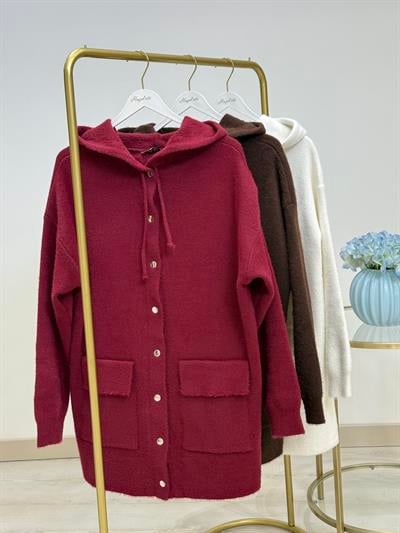 Uzun Kapşonlu Angora Hırka Bordo