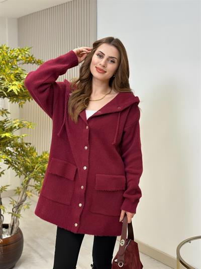 Uzun Kapşonlu Angora Hırka Bordo