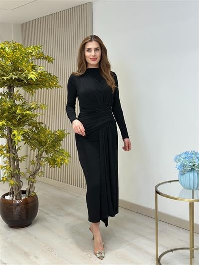Uzun Kol Drapeli Elbise Siyah
