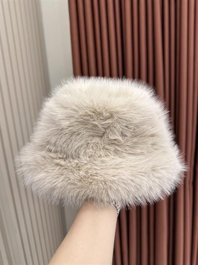 Uzun Kürklü Slav Tarzı Bucket Şapka Bej