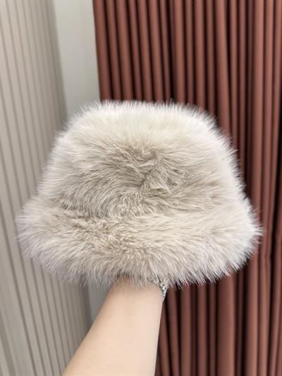 Uzun Kürklü Slav Tarzı Bucket Şapka Bej