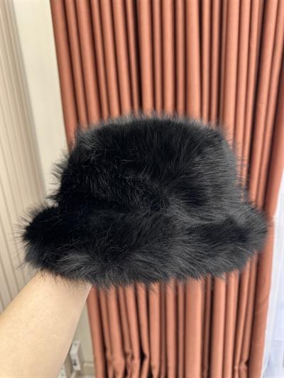 Uzun Kürklü Slav Tarzı Bucket Şapka Siyah