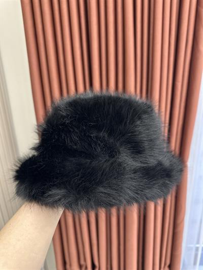 Uzun Kürklü Slav Tarzı Bucket Şapka Siyah