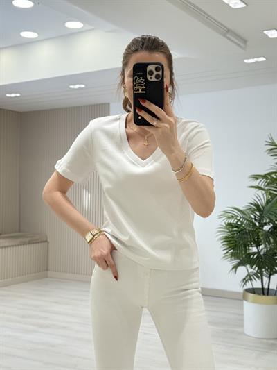 V Yaka Basıc Tshirt Beyaz