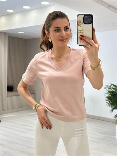 V Yaka Basıc Tshirt Pudra