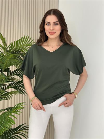 V Yaka Kısa Kollu Modal Tshirt Haki Yeşil
