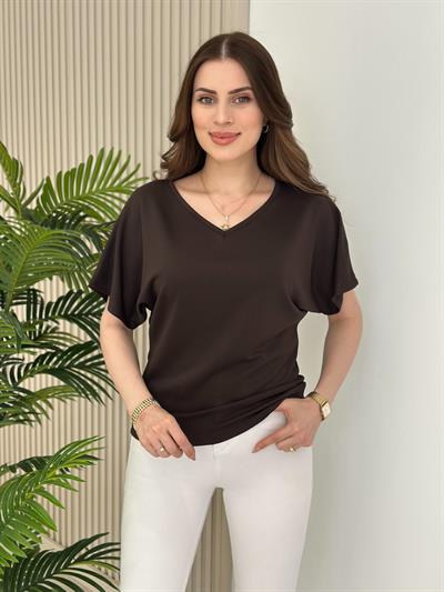 V Yaka Kısa Kollu Modal Tshirt Kahve