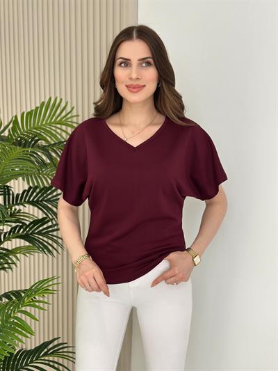 V Yaka Kısa Kollu Modal Tshirt Mürdüm