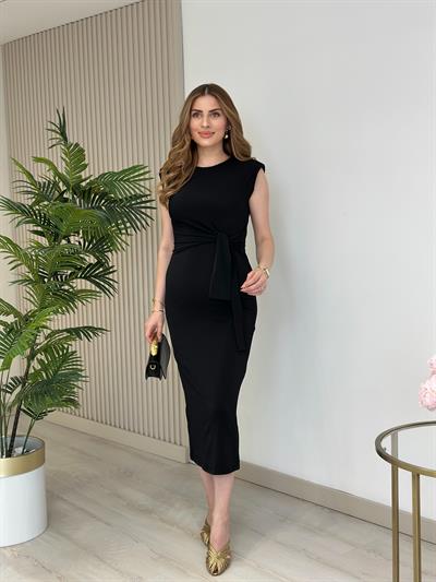 Vatkalı Bağlama Detaylı Sandy Elbise Siyah