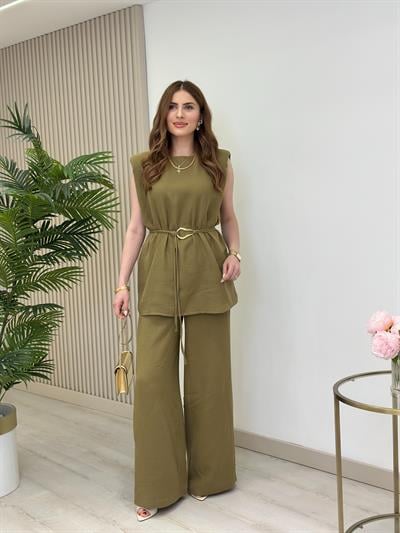 Vatkalı Beli Kuşaklı Müslin Takım Haki