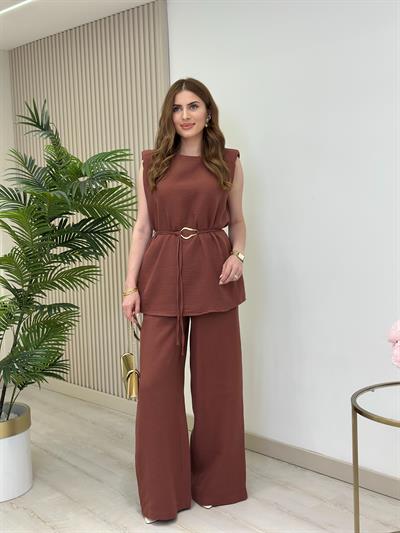 Vatkalı Beli Kuşaklı Müslin Takım Kiremit