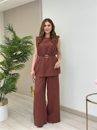 Vatkalı Beli Kuşaklı Müslin Takım Kiremit