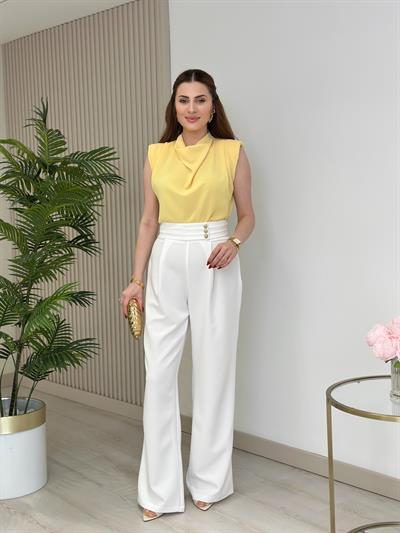 Vatkalı Degaje Yaka Krep Kumaş Bluz Sarı 