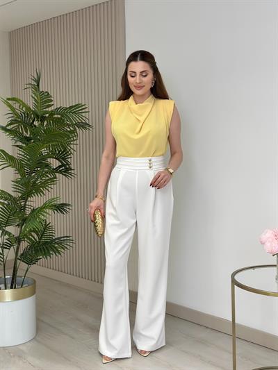 Vatkalı Degaje Yaka Krep Kumaş Bluz Sarı 