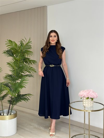 Vatkalı Drape Detaylı Kemerli Elbise Lacivert