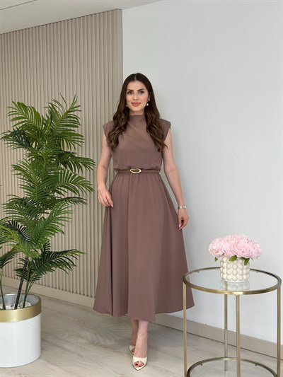 Vatkalı Drape Detaylı Kemerli Elbise Vizon