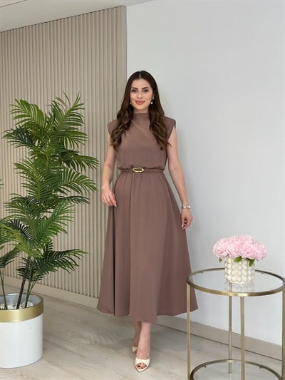 Vatkalı Drape Detaylı Kemerli Elbise Vizon