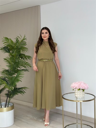 Vatkalı Drape Detaylı Kemerli Elbise Yağ Yeşili
