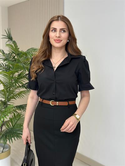 Vatkalı Prenses Kol Poplin Kumaş Gömlek Siyah