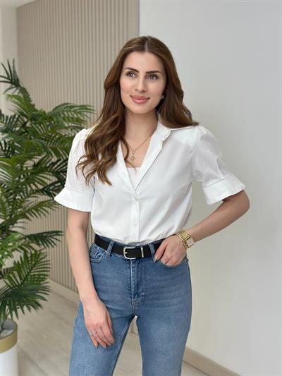 Vatkalı Prenses Kol Poplin Kumaş Gömlek Beyaz