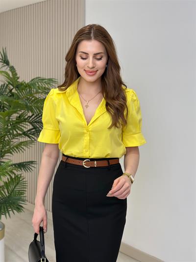 Vatkalı Prenses Kol Poplin Kumaş Gömlek Sarı