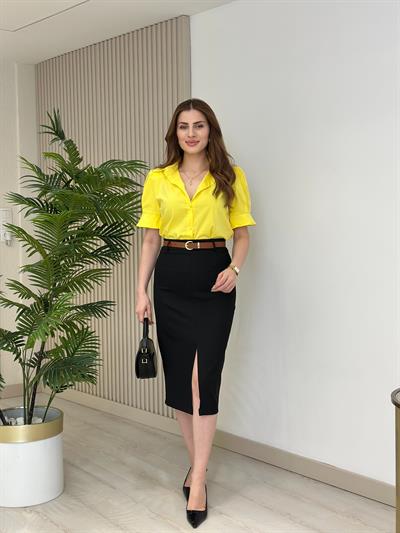 Vatkalı Prenses Kol Poplin Kumaş Gömlek Sarı