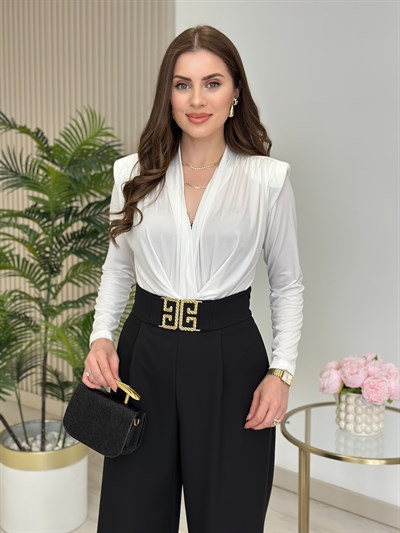 Vatkalı Uzun Kol Likralı Bodysuit Beyaz