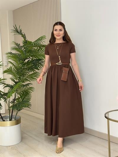 Viola Kısa Kollu Elbise Kahve