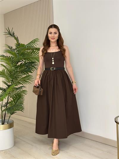 Viola U Yaka Eteği Poplin Elbise Kahve