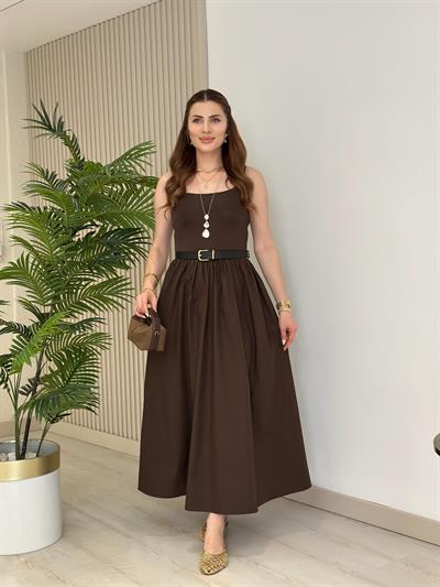 Viola U Yaka Eteği Poplin Elbise Kahve