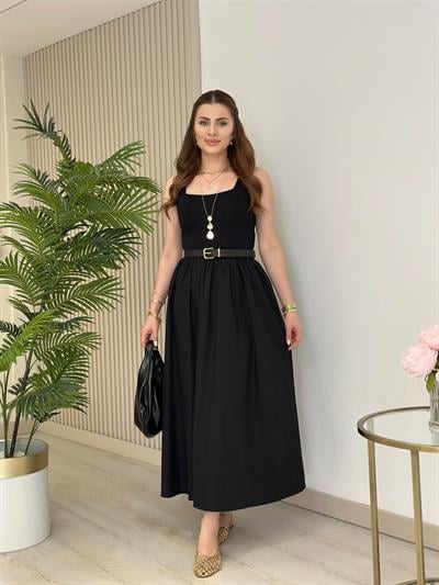 Viola U Yaka Eteği Poplin Elbise Siyah