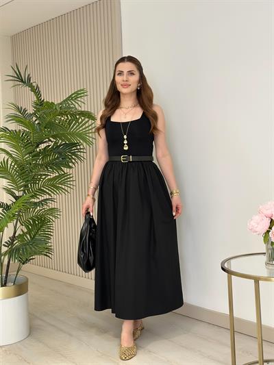 Viola U Yaka Eteği Poplin Elbise Siyah