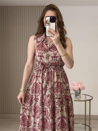 Viskon Bordo Desenli Elbise