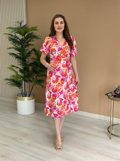 Viskon Kumaş Fuşya Desenli Kruvaze Elbise