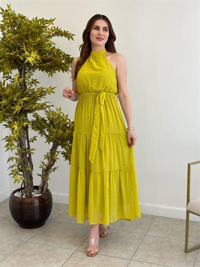 Yağ Yeşili Halter Yaka Beli Lastikli Sweta Elbise