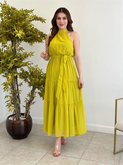 Yağ Yeşili Halter Yaka Beli Lastikli Sweta Elbise