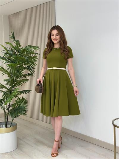 Yağ Yeşili Kısa Kol Midi Boy Kloş Elbise 
