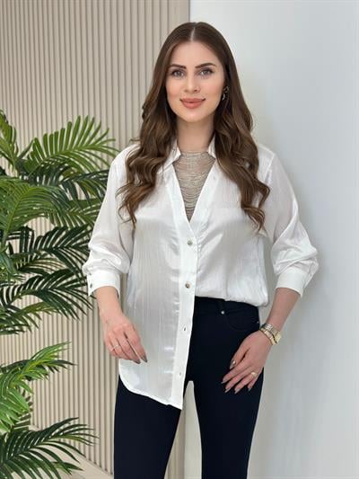 Yakası Boncuk Detaylı Saten Gömlek Beyaz