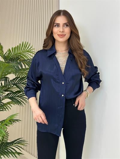 Yakası Boncuk Detaylı Saten Gömlek Lacivert