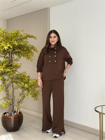 Yakası Çıtçıt Detaylı Modal Takım Kahve