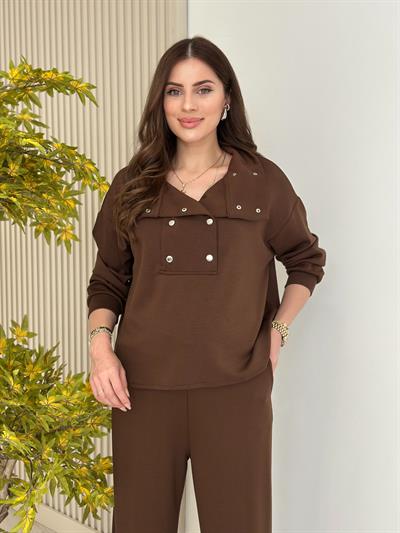 Yakası Çıtçıt Detaylı Modal Takım Kahve